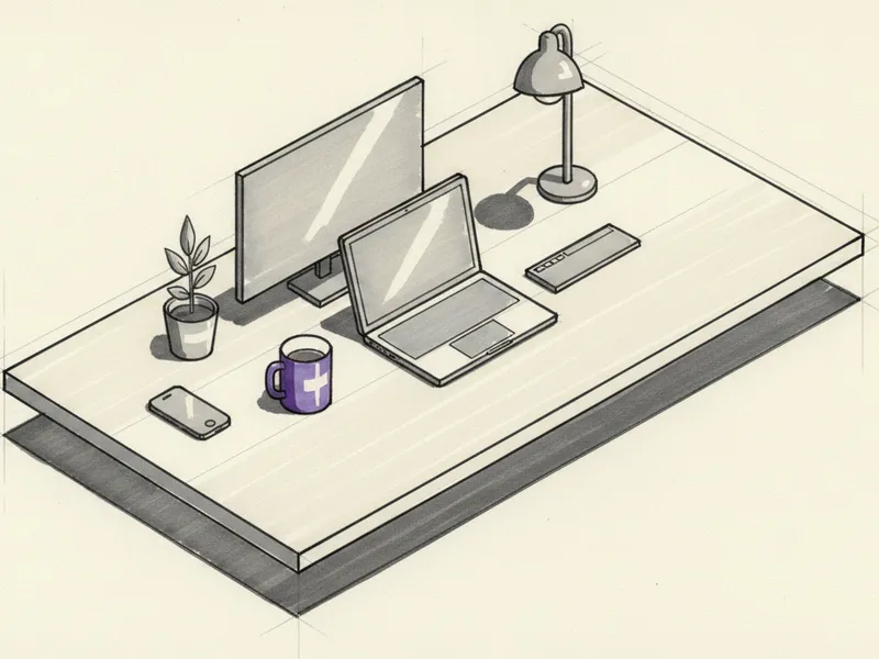 Marker sketch of a desk seen from above with a laptop, monitor, keyboard, phone and lamp in grey, and a single violet coffee cup