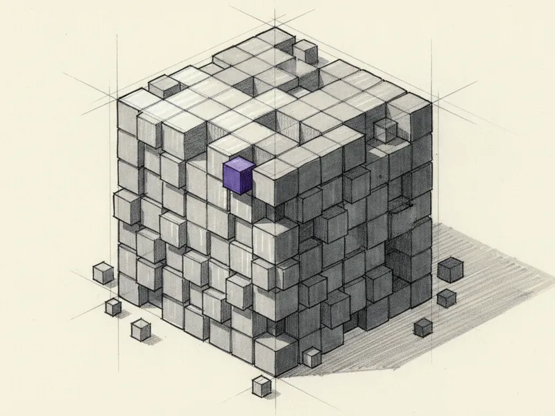 Marker sketch of a large cube assembled from many small modular blocks, one of them violet, with single blocks detaching at the edges