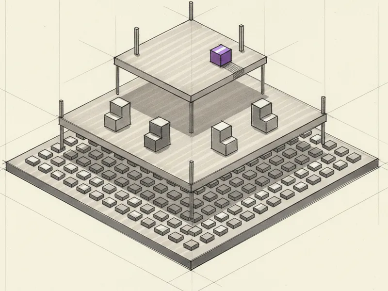 Marker sketch of three stacked platforms of decreasing size — a dense grid of blocks below, fewer structures above, and a single violet block on the sparse top layer