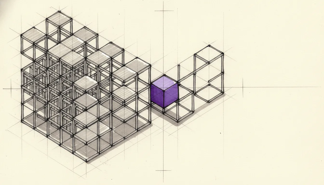 Isometric architectural motif in marker: pale platforms on dark uprights, with a single element in violet