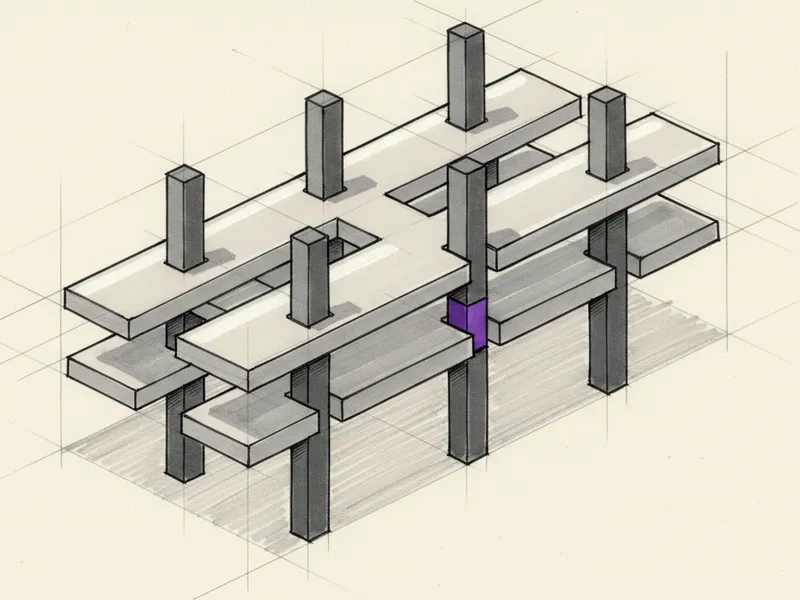 Marker sketch of horizontal slabs and vertical piers passing through each other as one interlocked structure, with a violet block at a single joint