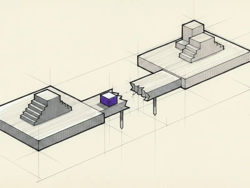 Marker drawing of a small platform and a larger one, joined by a bridge that breaks off in mid-air, with a purple block at the break