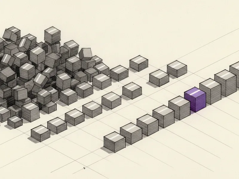 Marker sketch of a tumbled heap of blocks resolving left to right into an evenly spaced ascending row, the first ordered block violet